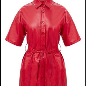Red Button Up Tie Waist Shirt Dress.
